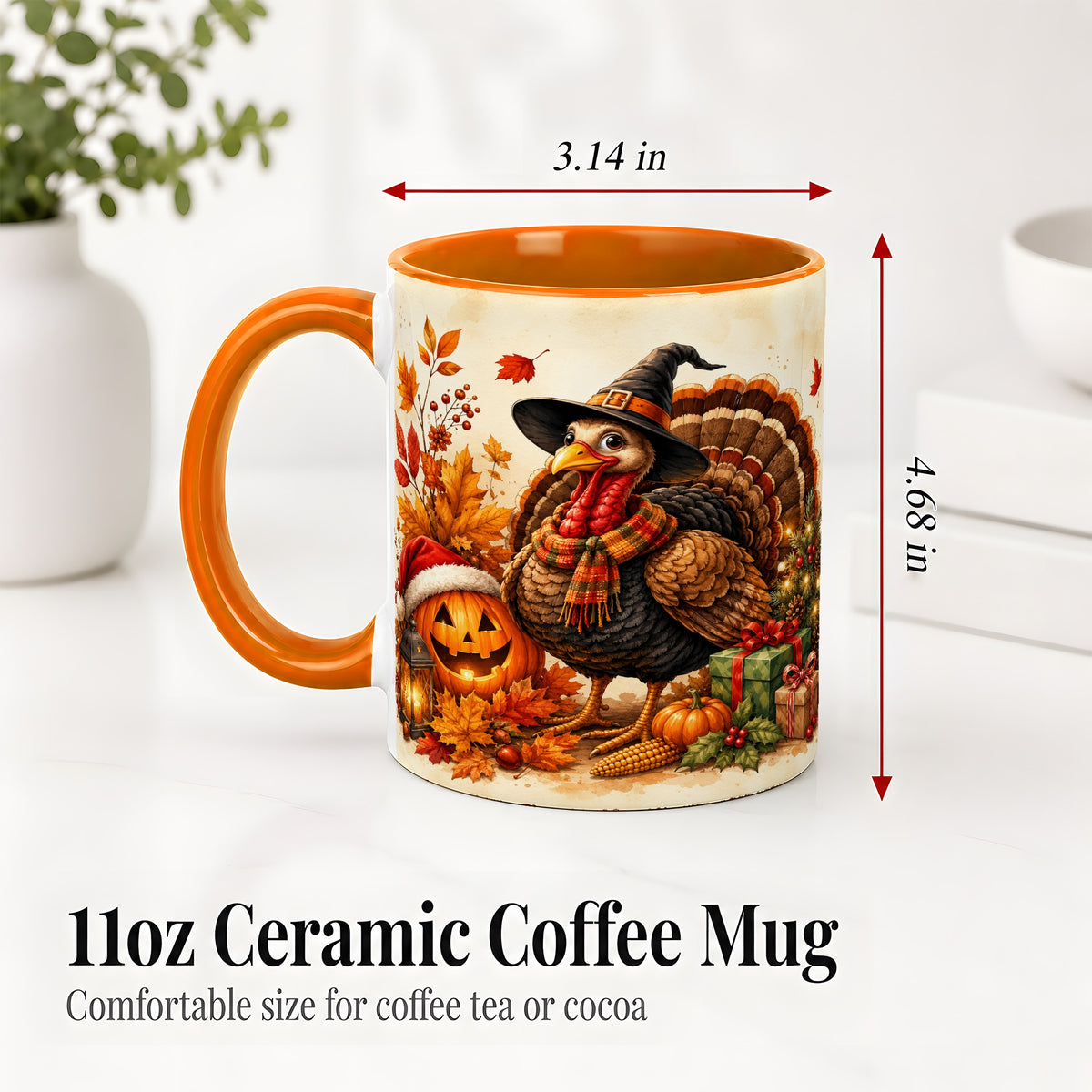 #pl[11oz|Orange] Holiday Turkey Accent Mug, Ceramic Mug with Witch Hat Autumn Art