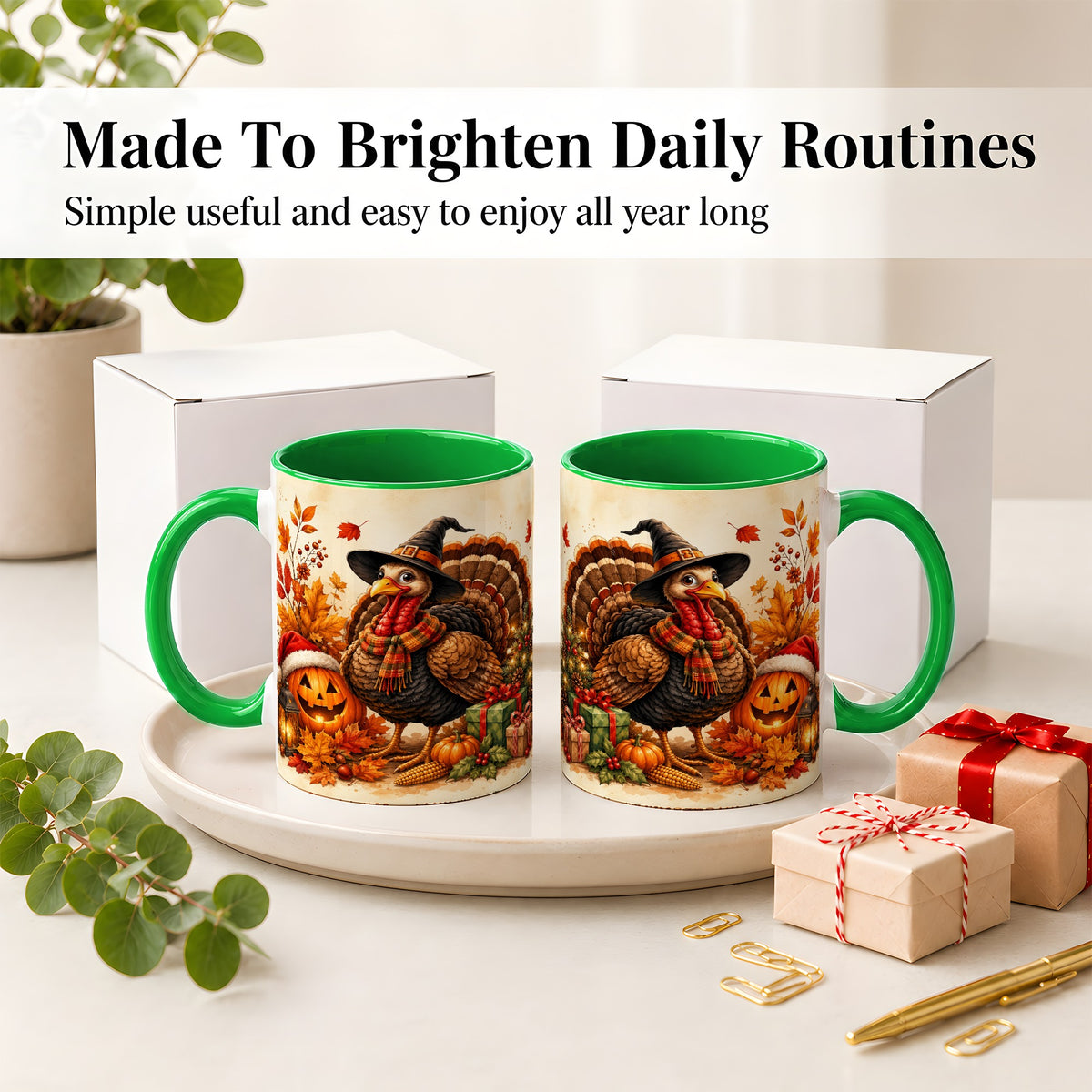 #pl[11oz|Green] Holiday Turkey Accent Mug, Ceramic Mug with Witch Hat Autumn Art