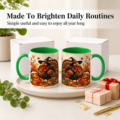 #pl[11oz|Green] Holiday Turkey Accent Mug, Ceramic Mug with Witch Hat Autumn Art