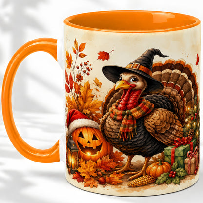 #pl[11oz|Orange] Holiday Turkey Accent Mug, Ceramic Mug with Witch Hat Autumn Art