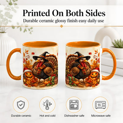 #pl[11oz|Orange] Holiday Turkey Accent Mug, Ceramic Mug with Witch Hat Autumn Art