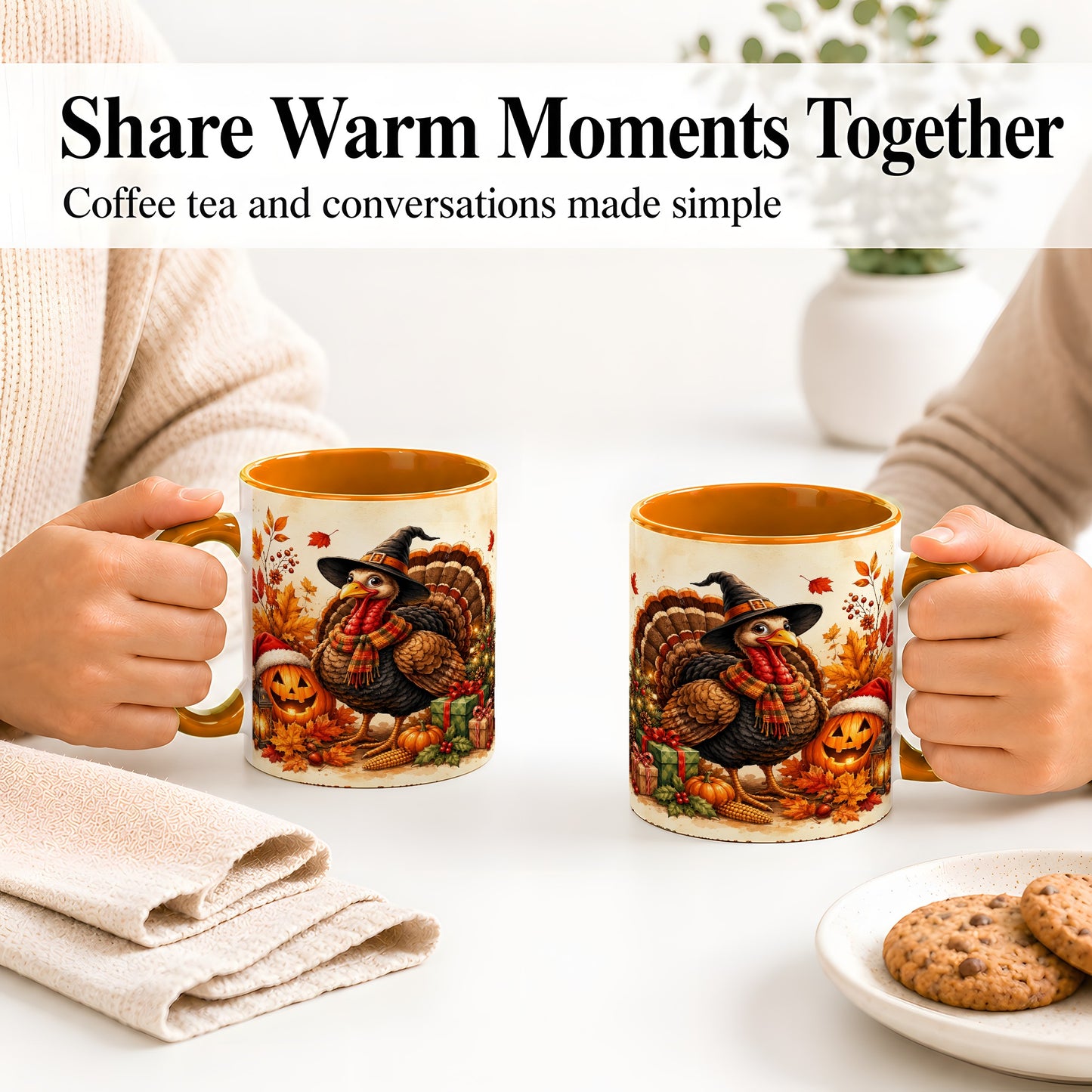 #pl[11oz|Orange] Holiday Turkey Accent Mug, Ceramic Mug with Witch Hat Autumn Art