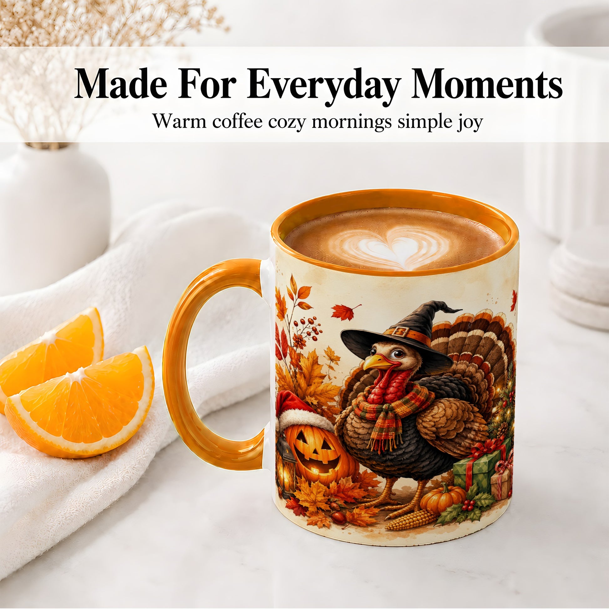 #pl[11oz|Orange] Holiday Turkey Accent Mug, Ceramic Mug with Witch Hat Autumn Art