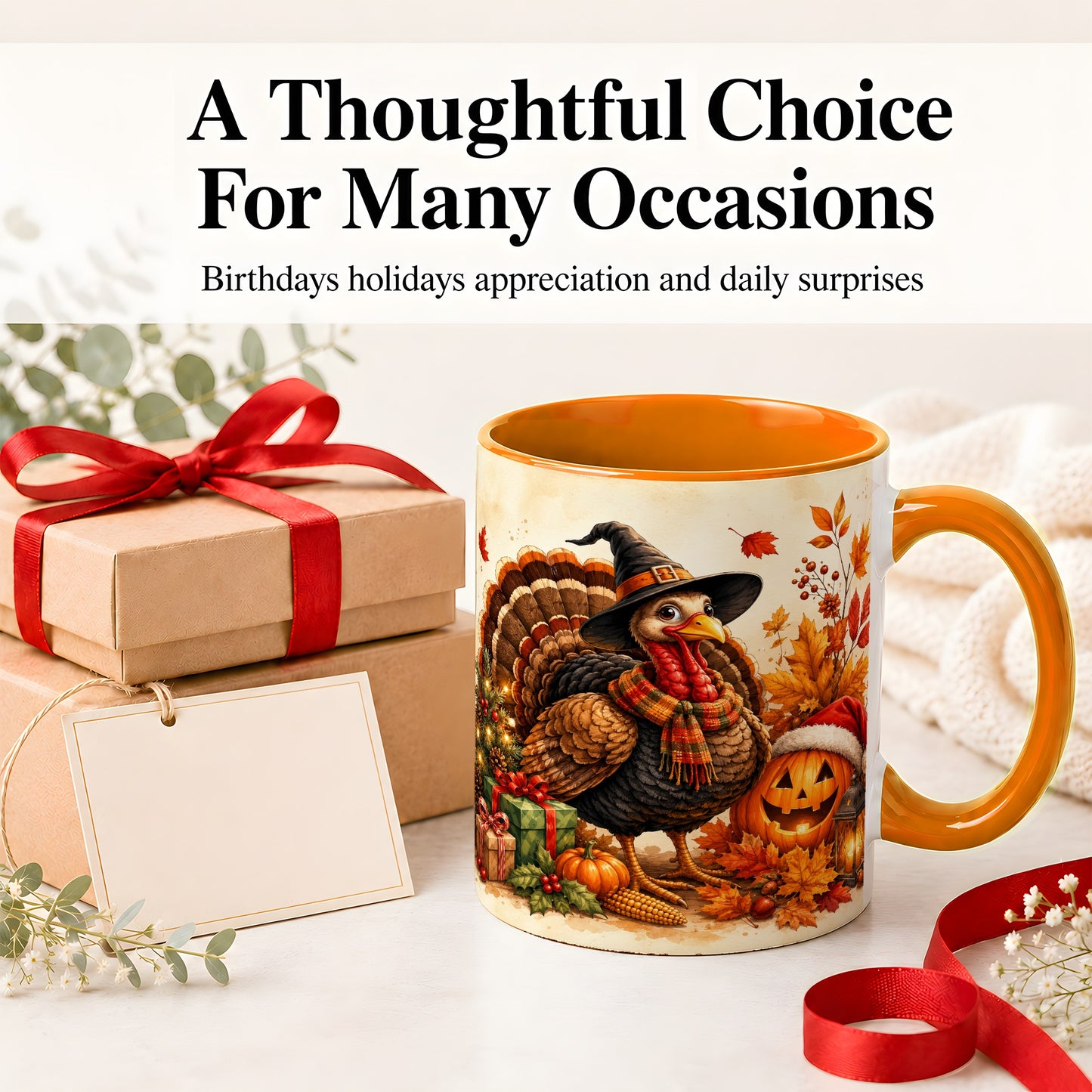 #pl[11oz|Orange] Holiday Turkey Accent Mug, Ceramic Mug with Witch Hat Autumn Art