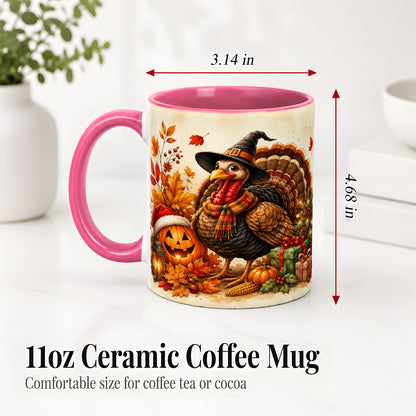 #pl[11oz|Pink] Holiday Turkey Accent Mug, Ceramic Mug with Witch Hat Autumn Art