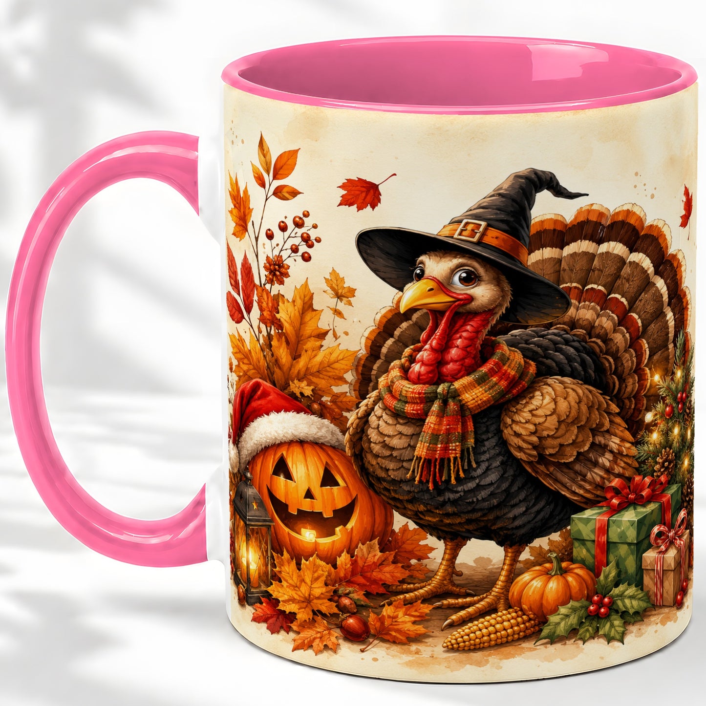 #pl[11oz|Pink] Holiday Turkey Accent Mug, Ceramic Mug with Witch Hat Autumn Art