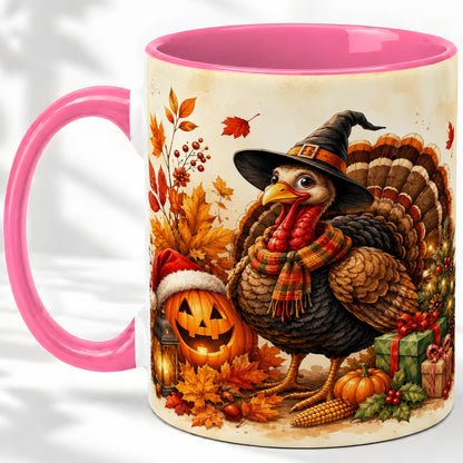 #pl[11oz|Pink] Holiday Turkey Accent Mug, Ceramic Mug with Witch Hat Autumn Art