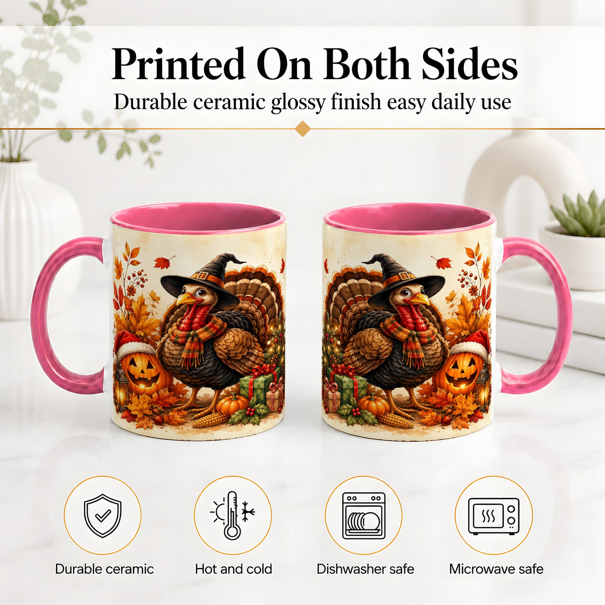 #pl[11oz|Pink] Holiday Turkey Accent Mug, Ceramic Mug with Witch Hat Autumn Art