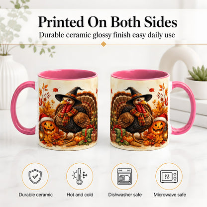 #pl[11oz|Pink] Holiday Turkey Accent Mug, Ceramic Mug with Witch Hat Autumn Art