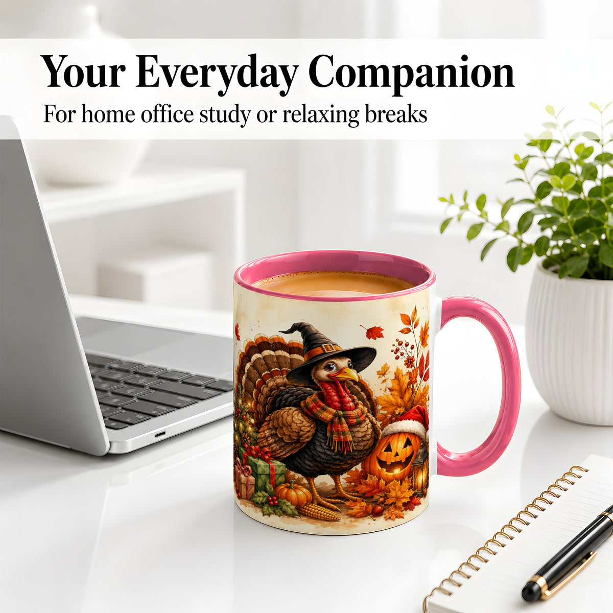 #pl[11oz|Pink] Holiday Turkey Accent Mug, Ceramic Mug with Witch Hat Autumn Art
