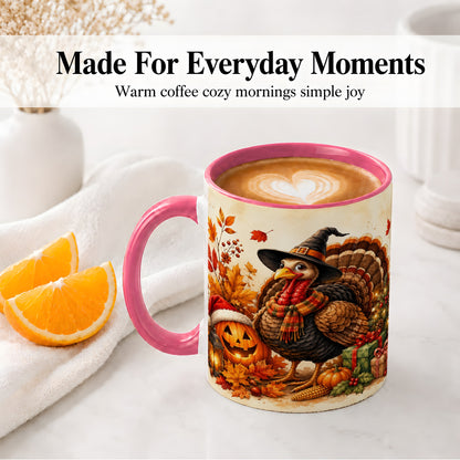 #pl[11oz|Pink] Holiday Turkey Accent Mug, Ceramic Mug with Witch Hat Autumn Art