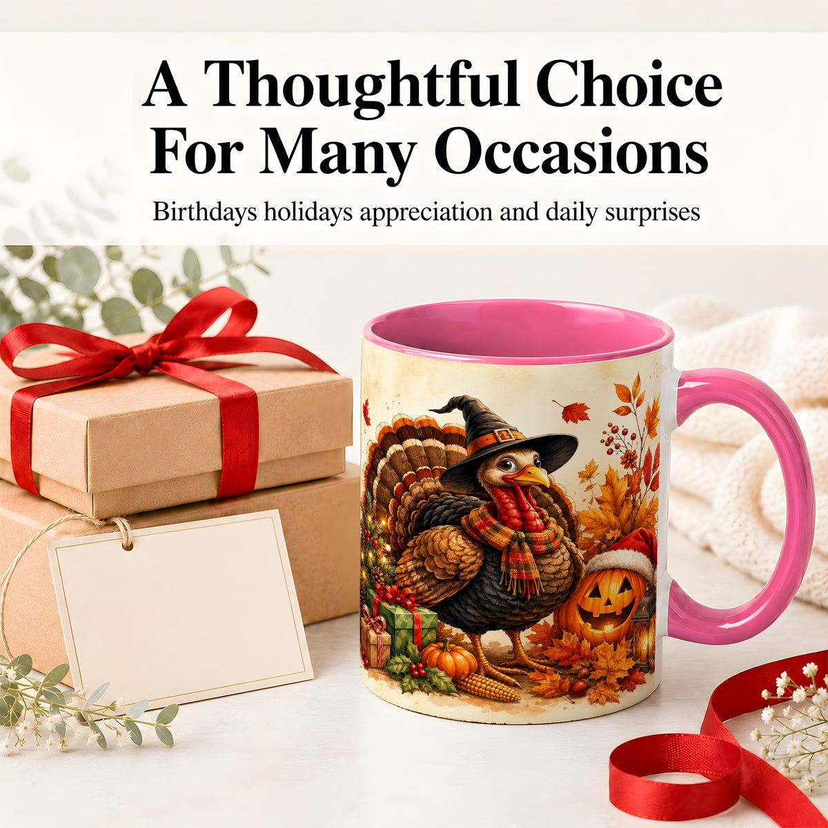 #pl[11oz|Pink] Holiday Turkey Accent Mug, Ceramic Mug with Witch Hat Autumn Art
