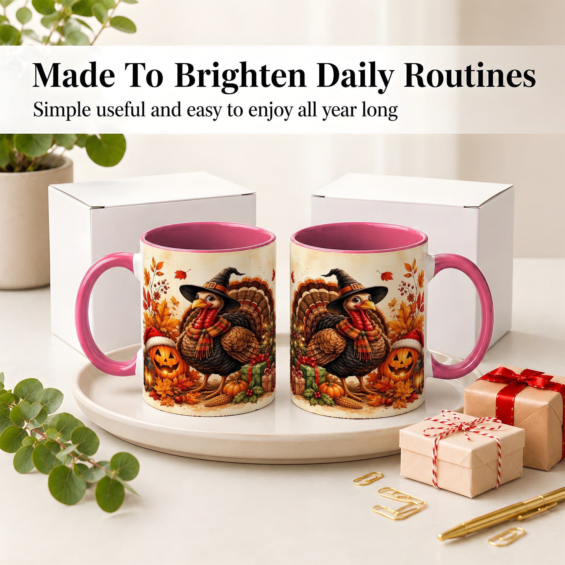 #pl[11oz|Pink] Holiday Turkey Accent Mug, Ceramic Mug with Witch Hat Autumn Art
