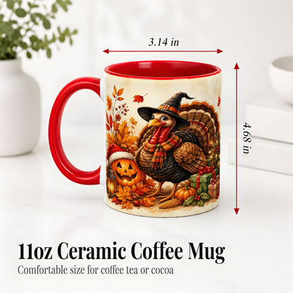 #pl[11oz|Red] Holiday Turkey Accent Mug, Ceramic Mug with Witch Hat Autumn Art