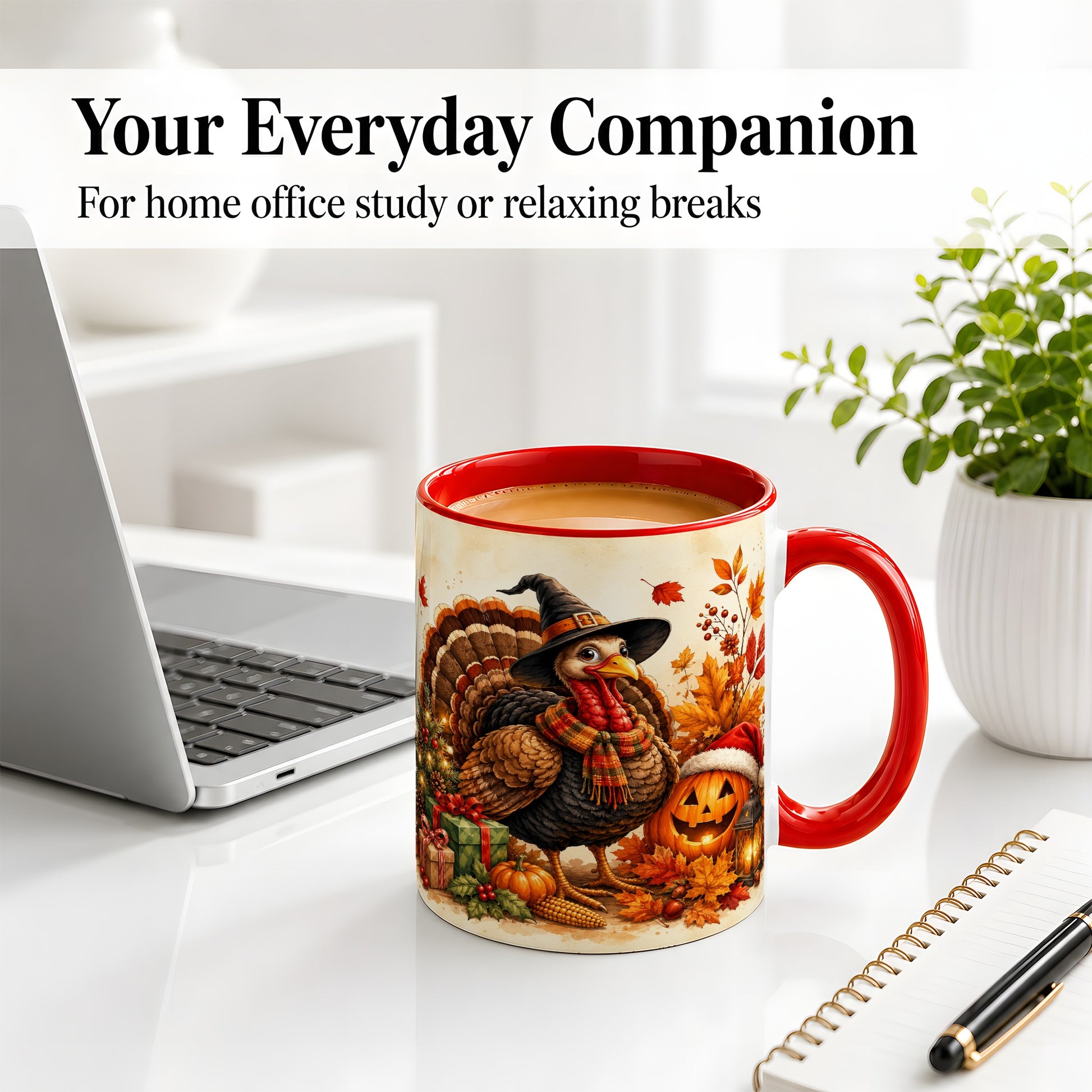 #pl[11oz|Red] Holiday Turkey Accent Mug, Ceramic Mug with Witch Hat Autumn Art