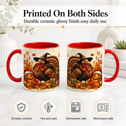 #pl[11oz|Red] Holiday Turkey Accent Mug, Ceramic Mug with Witch Hat Autumn Art