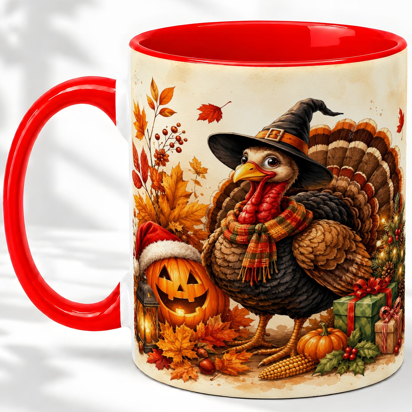 Holiday Turkey Accent Mug, Ceramic Mug with Witch Hat Autumn Art