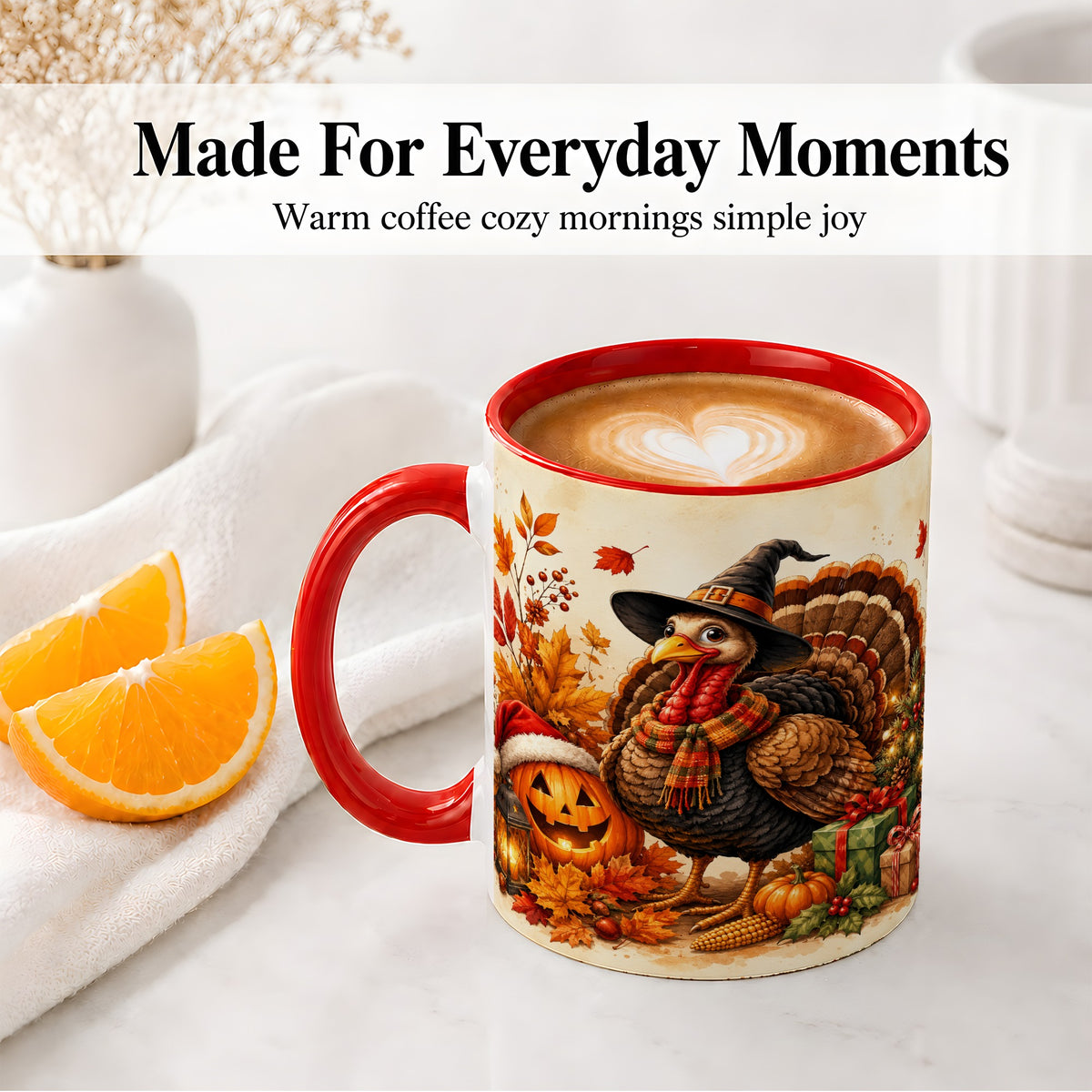 #pl[11oz|Red] Holiday Turkey Accent Mug, Ceramic Mug with Witch Hat Autumn Art