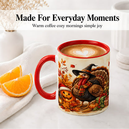 #pl[11oz|Red] Holiday Turkey Accent Mug, Ceramic Mug with Witch Hat Autumn Art