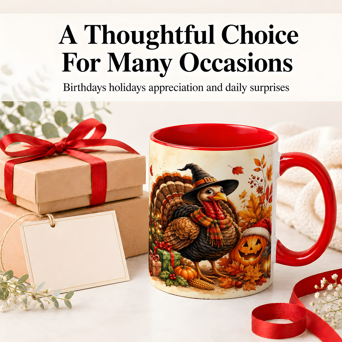 #pl[11oz|Red] Holiday Turkey Accent Mug, Ceramic Mug with Witch Hat Autumn Art