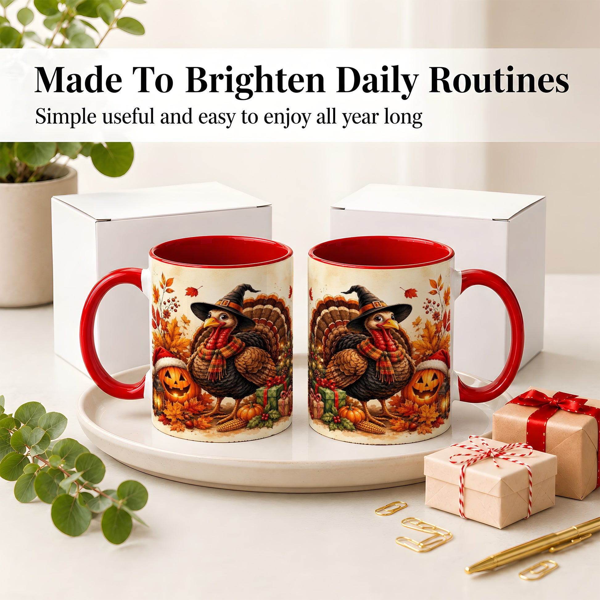 #pl[11oz|Red] Holiday Turkey Accent Mug, Ceramic Mug with Witch Hat Autumn Art