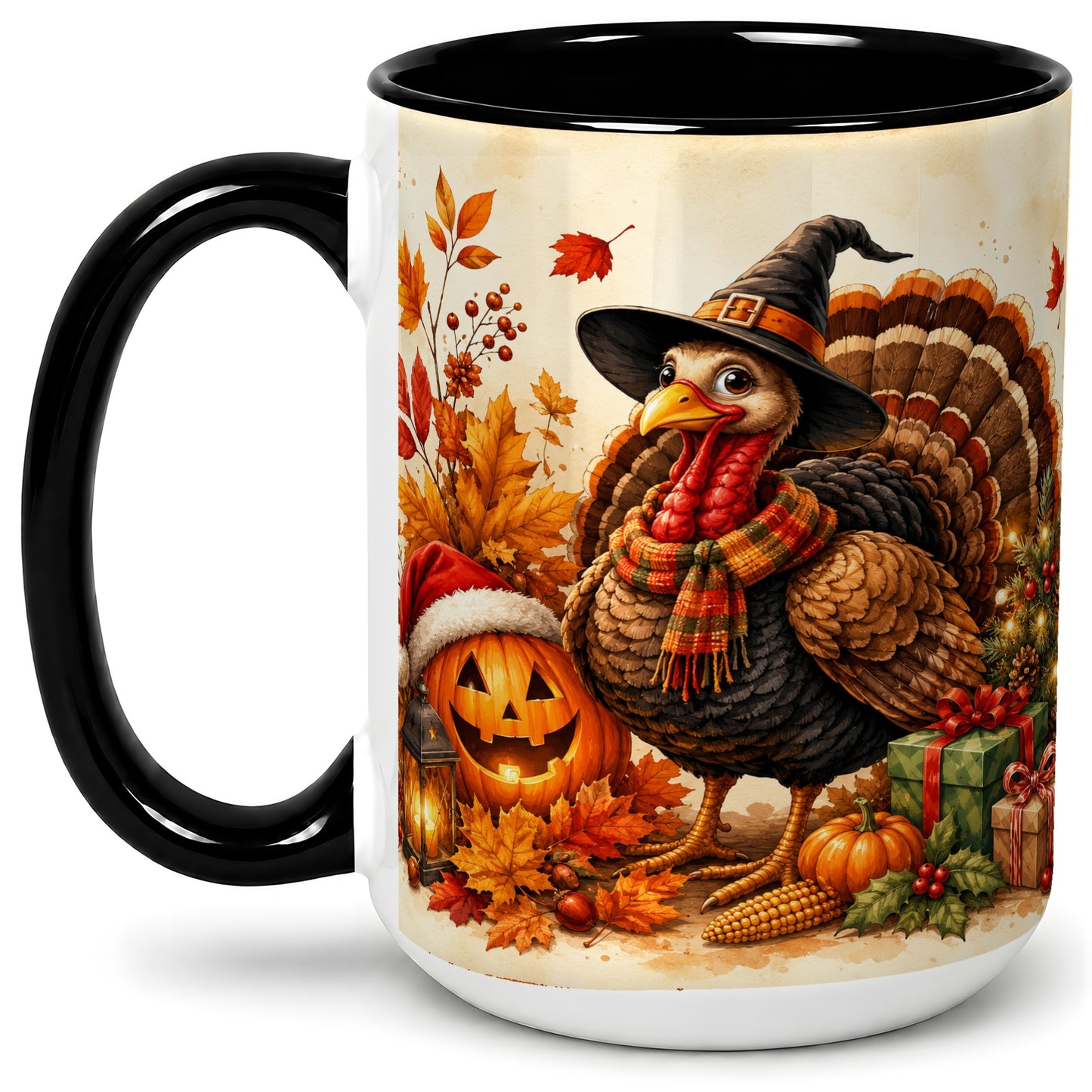 #pl[15oz|Black] Holiday Turkey Accent Mug, Ceramic Mug with Witch Hat Autumn Art