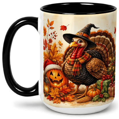 #pl[15oz|Black] Holiday Turkey Accent Mug, Ceramic Mug with Witch Hat Autumn Art