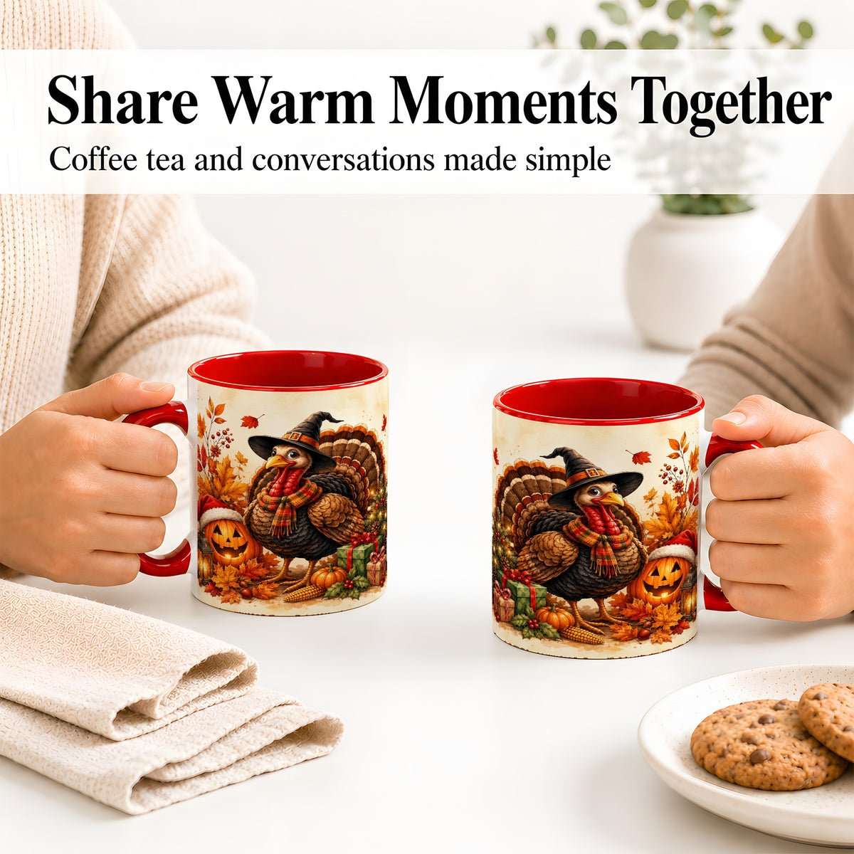 #pl[11oz|Red] Holiday Turkey Accent Mug, Ceramic Mug with Witch Hat Autumn Art