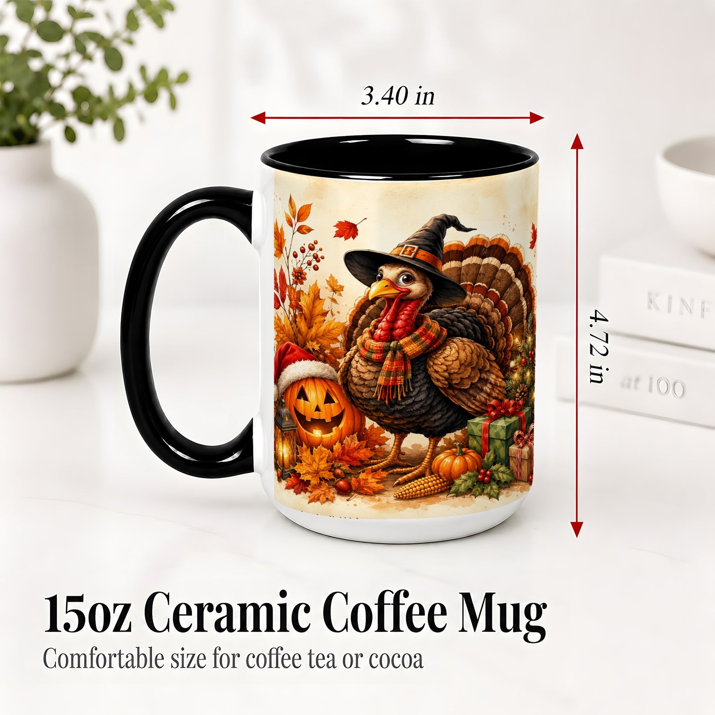 #pl[15oz|Black] Holiday Turkey Accent Mug, Ceramic Mug with Witch Hat Autumn Art