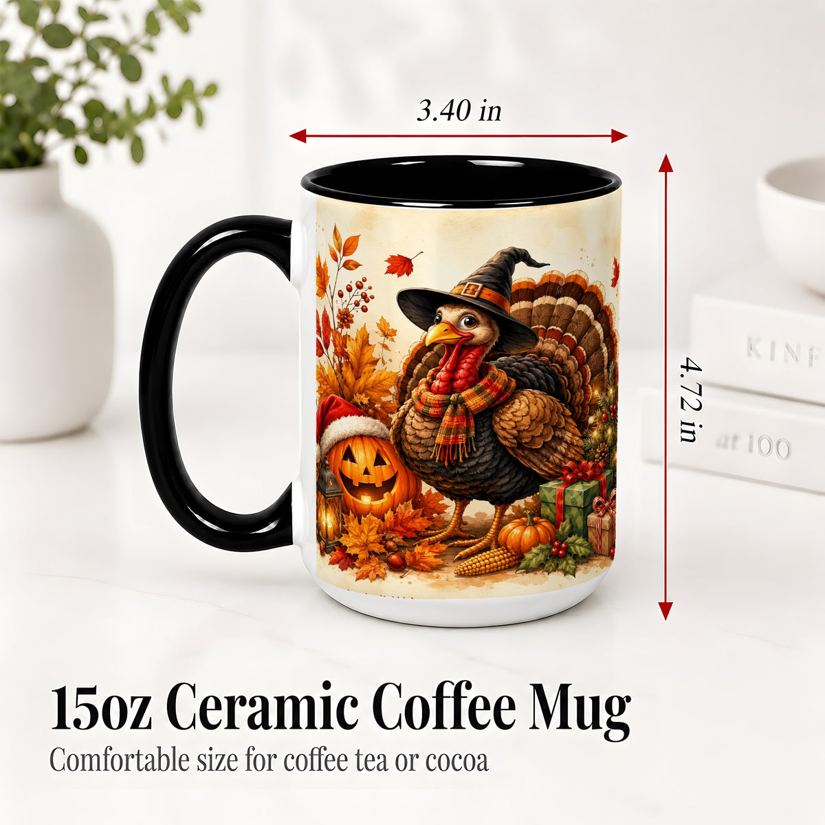 #pl[15oz|Black] Holiday Turkey Accent Mug, Ceramic Mug with Witch Hat Autumn Art