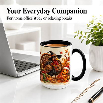 #pl[15oz|Black] Holiday Turkey Accent Mug, Ceramic Mug with Witch Hat Autumn Art