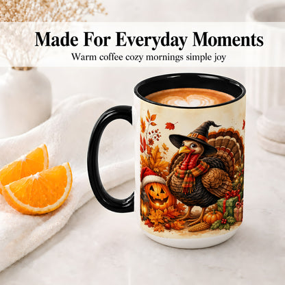 #pl[15oz|Black] Holiday Turkey Accent Mug, Ceramic Mug with Witch Hat Autumn Art