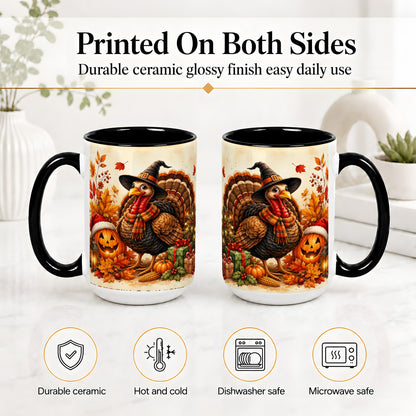 #pl[15oz|Black] Holiday Turkey Accent Mug, Ceramic Mug with Witch Hat Autumn Art