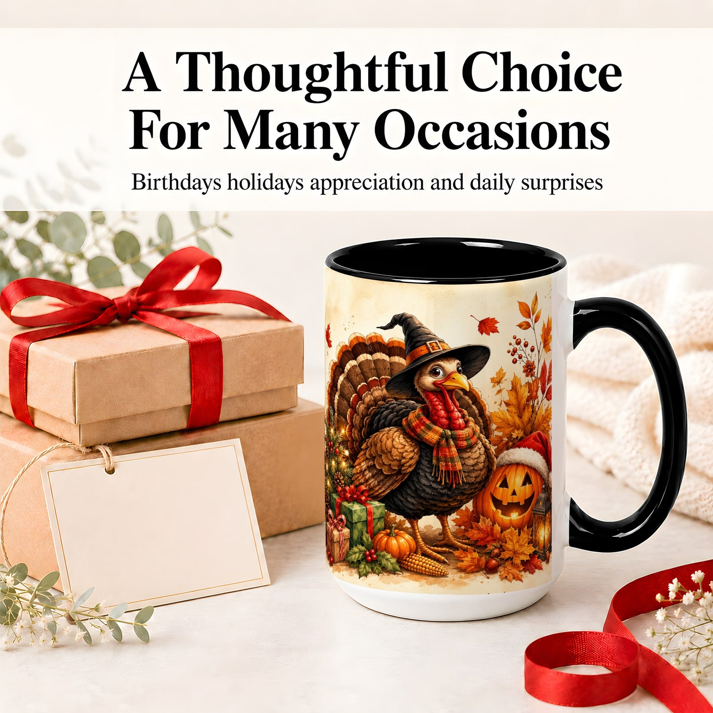 #pl[15oz|Black] Holiday Turkey Accent Mug, Ceramic Mug with Witch Hat Autumn Art
