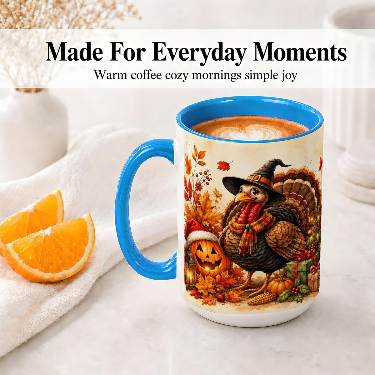 #pl[15oz|Blue] Holiday Turkey Accent Mug, Ceramic Mug with Witch Hat Autumn Art