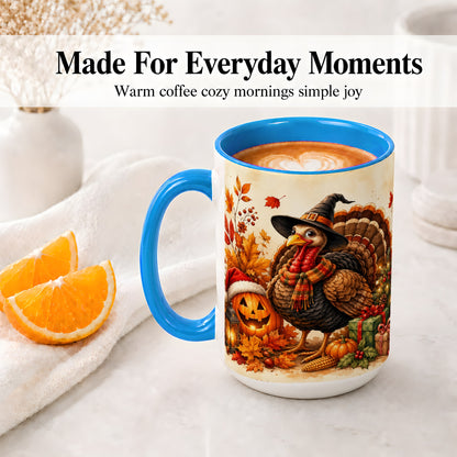 #pl[15oz|Blue] Holiday Turkey Accent Mug, Ceramic Mug with Witch Hat Autumn Art