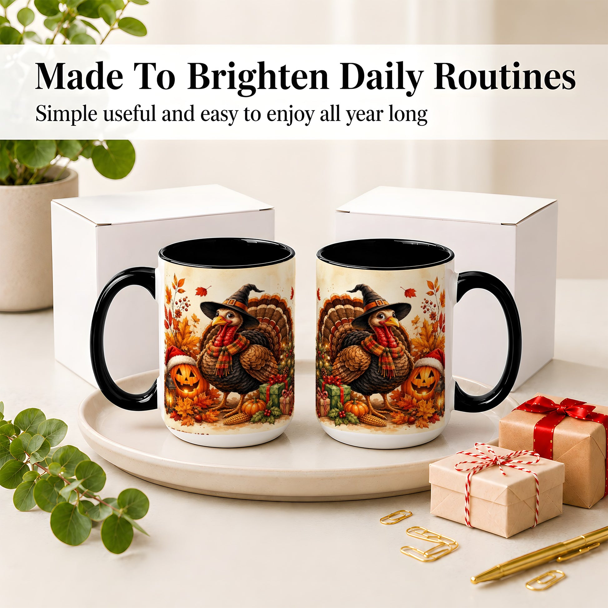 #pl[15oz|Black] Holiday Turkey Accent Mug, Ceramic Mug with Witch Hat Autumn Art
