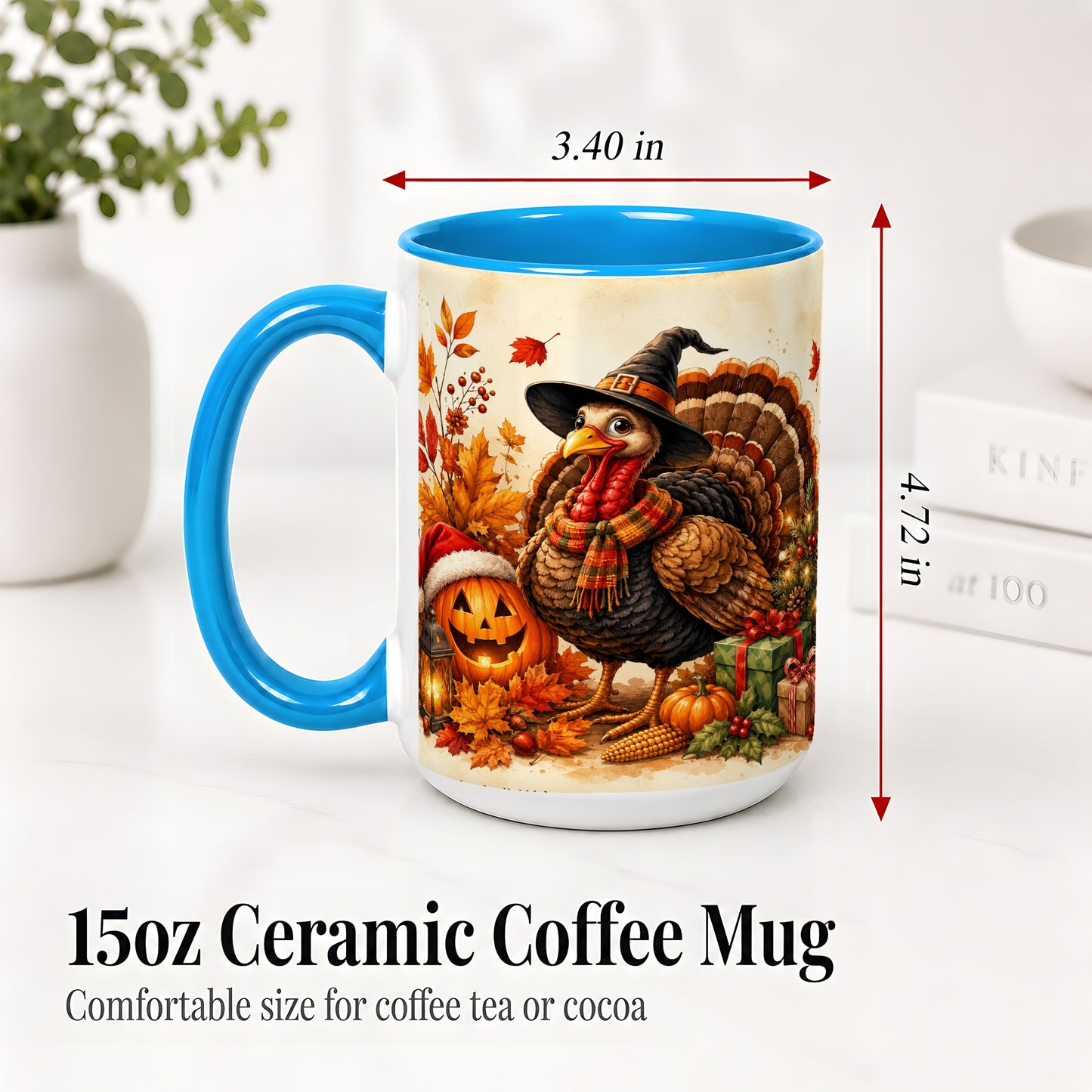 #pl[15oz|Blue] Holiday Turkey Accent Mug, Ceramic Mug with Witch Hat Autumn Art