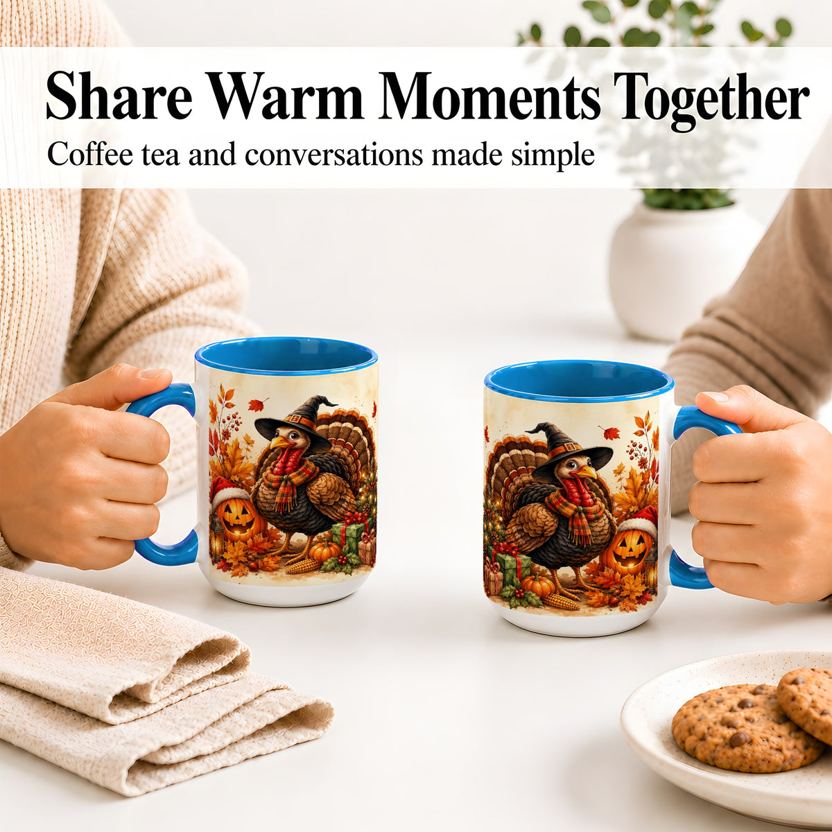 #pl[15oz|Blue] Holiday Turkey Accent Mug, Ceramic Mug with Witch Hat Autumn Art
