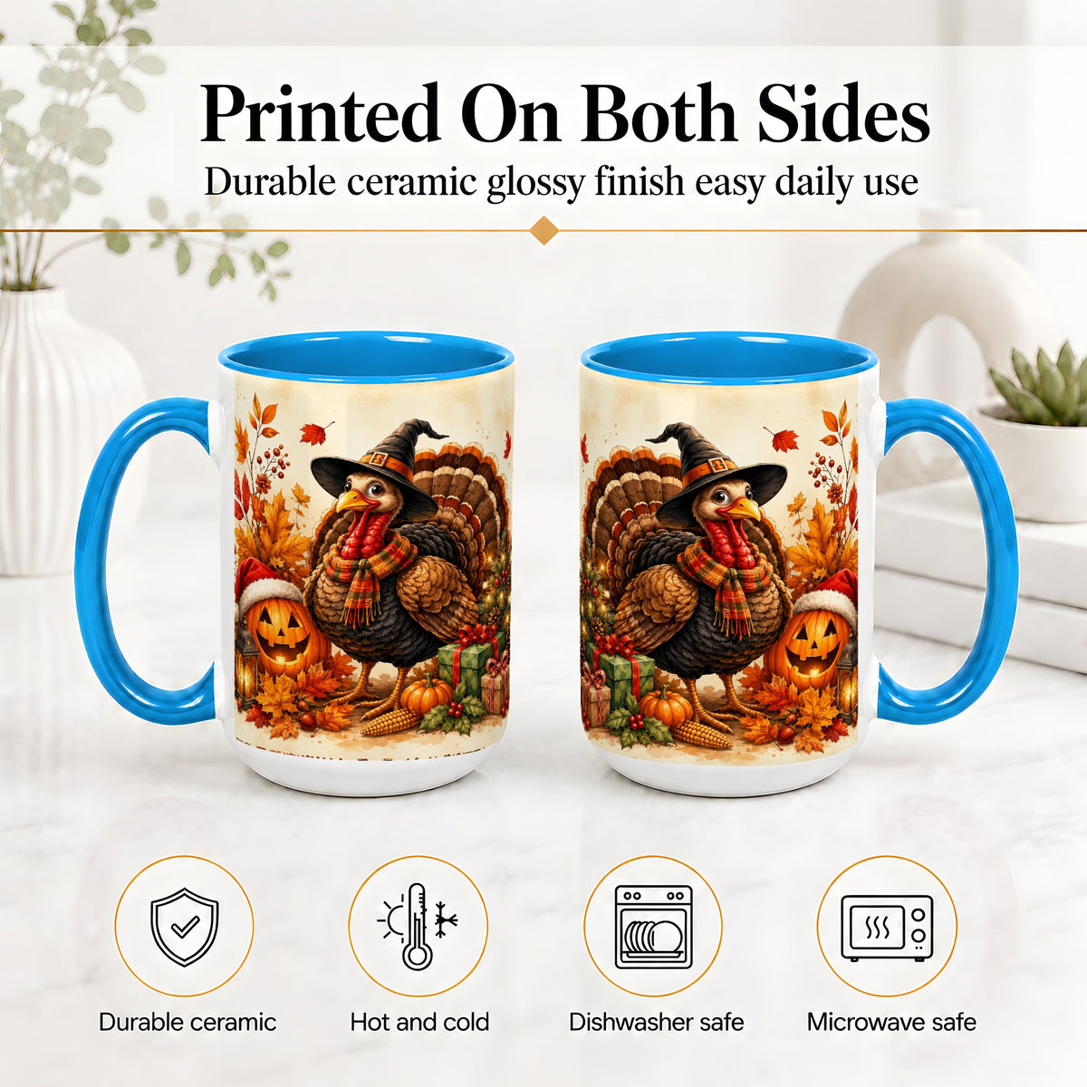 #pl[15oz|Blue] Holiday Turkey Accent Mug, Ceramic Mug with Witch Hat Autumn Art