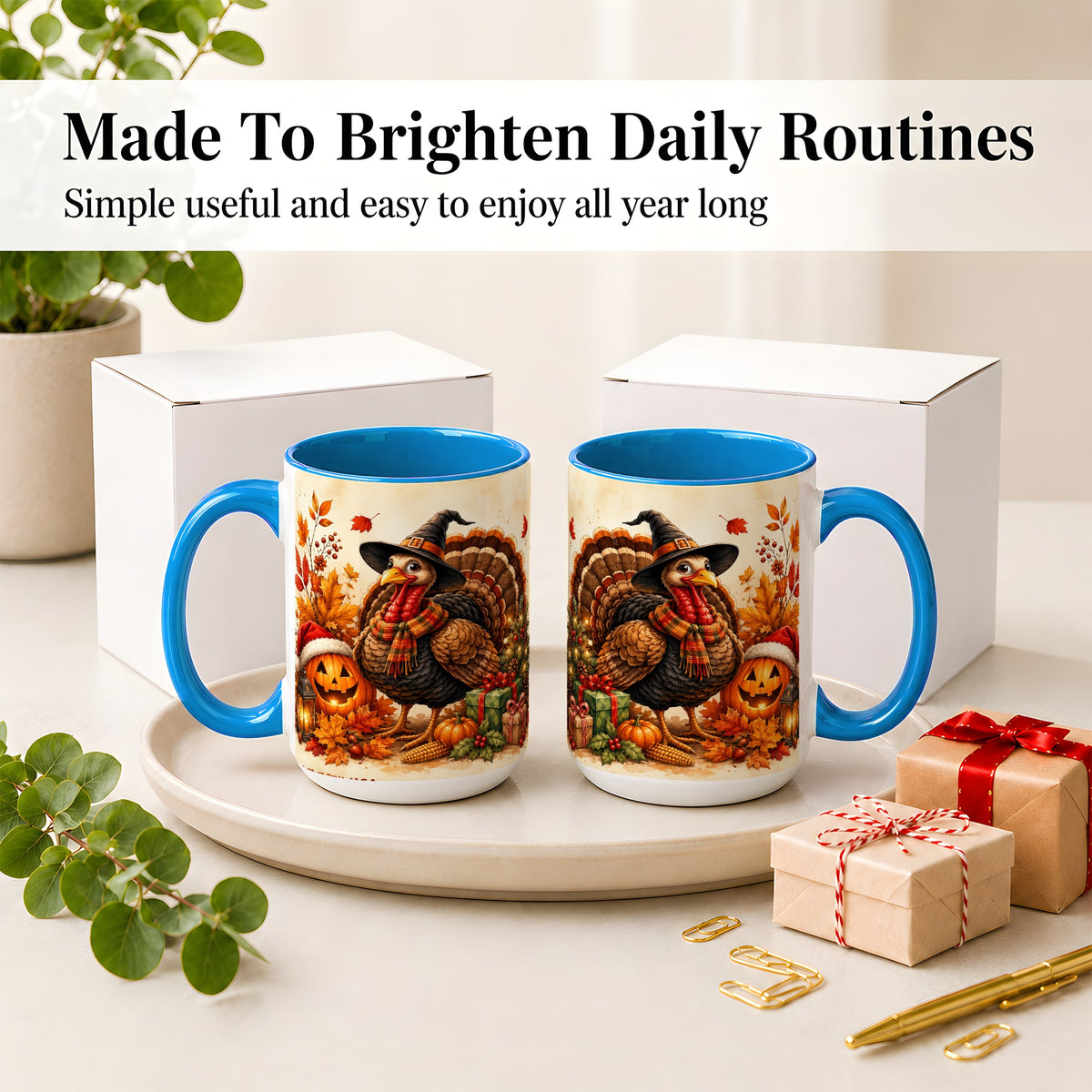 #pl[15oz|Blue] Holiday Turkey Accent Mug, Ceramic Mug with Witch Hat Autumn Art