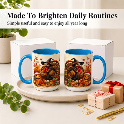 #pl[15oz|Blue] Holiday Turkey Accent Mug, Ceramic Mug with Witch Hat Autumn Art