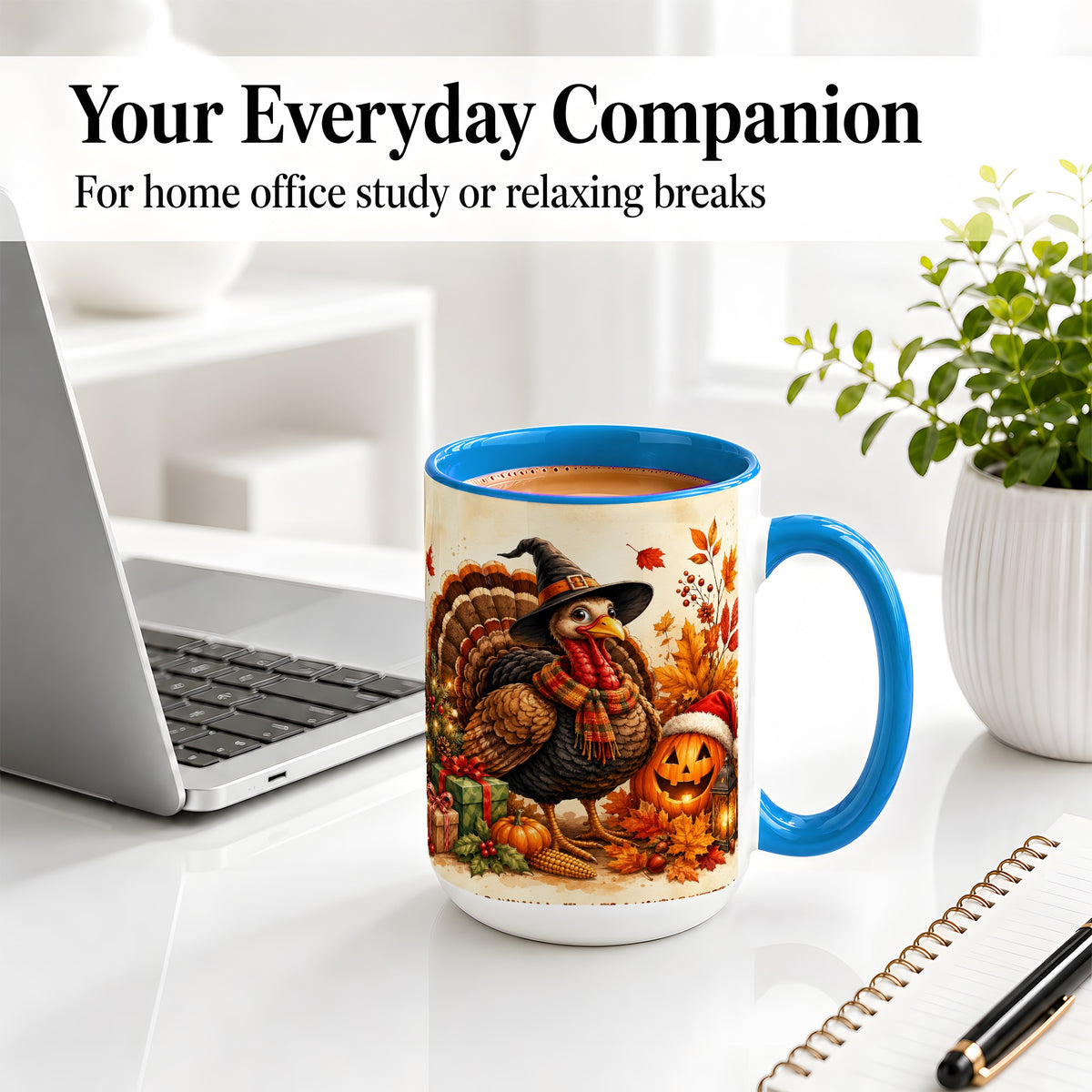#pl[15oz|Blue] Holiday Turkey Accent Mug, Ceramic Mug with Witch Hat Autumn Art