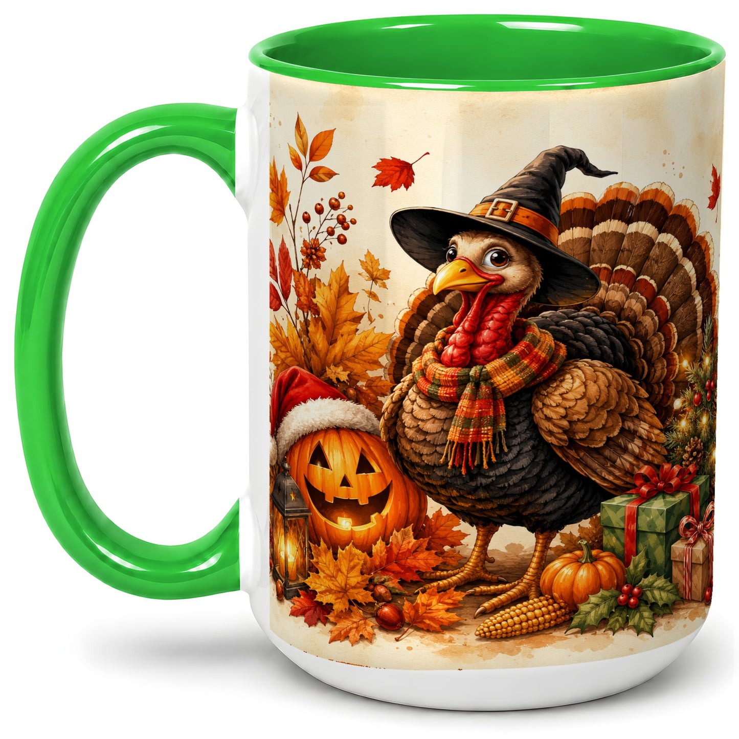 #pl[15oz|Green] Holiday Turkey Accent Mug, Ceramic Mug with Witch Hat Autumn Art