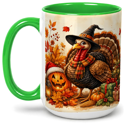 #pl[15oz|Green] Holiday Turkey Accent Mug, Ceramic Mug with Witch Hat Autumn Art