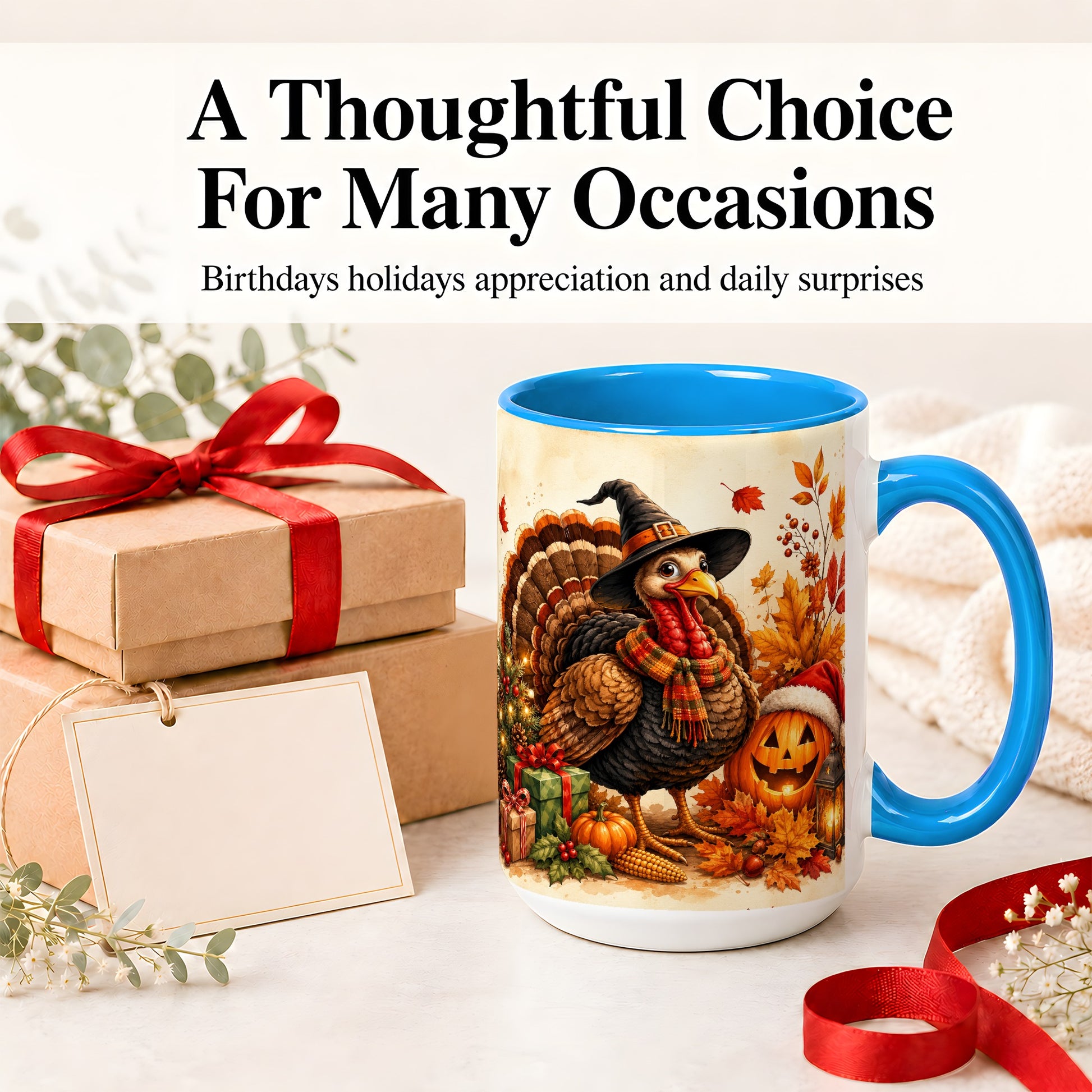 #pl[15oz|Blue] Holiday Turkey Accent Mug, Ceramic Mug with Witch Hat Autumn Art