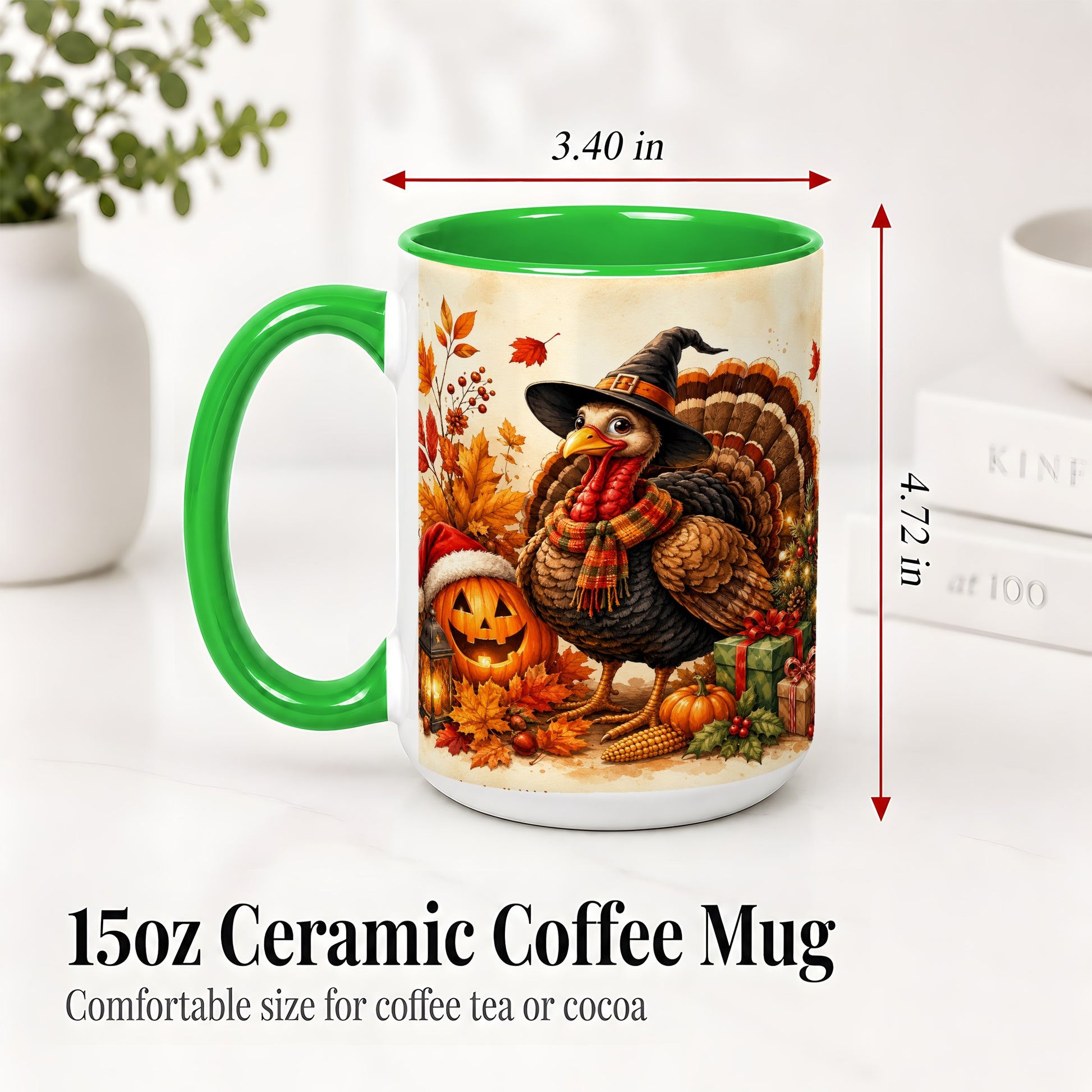 #pl[15oz|Green] Holiday Turkey Accent Mug, Ceramic Mug with Witch Hat Autumn Art