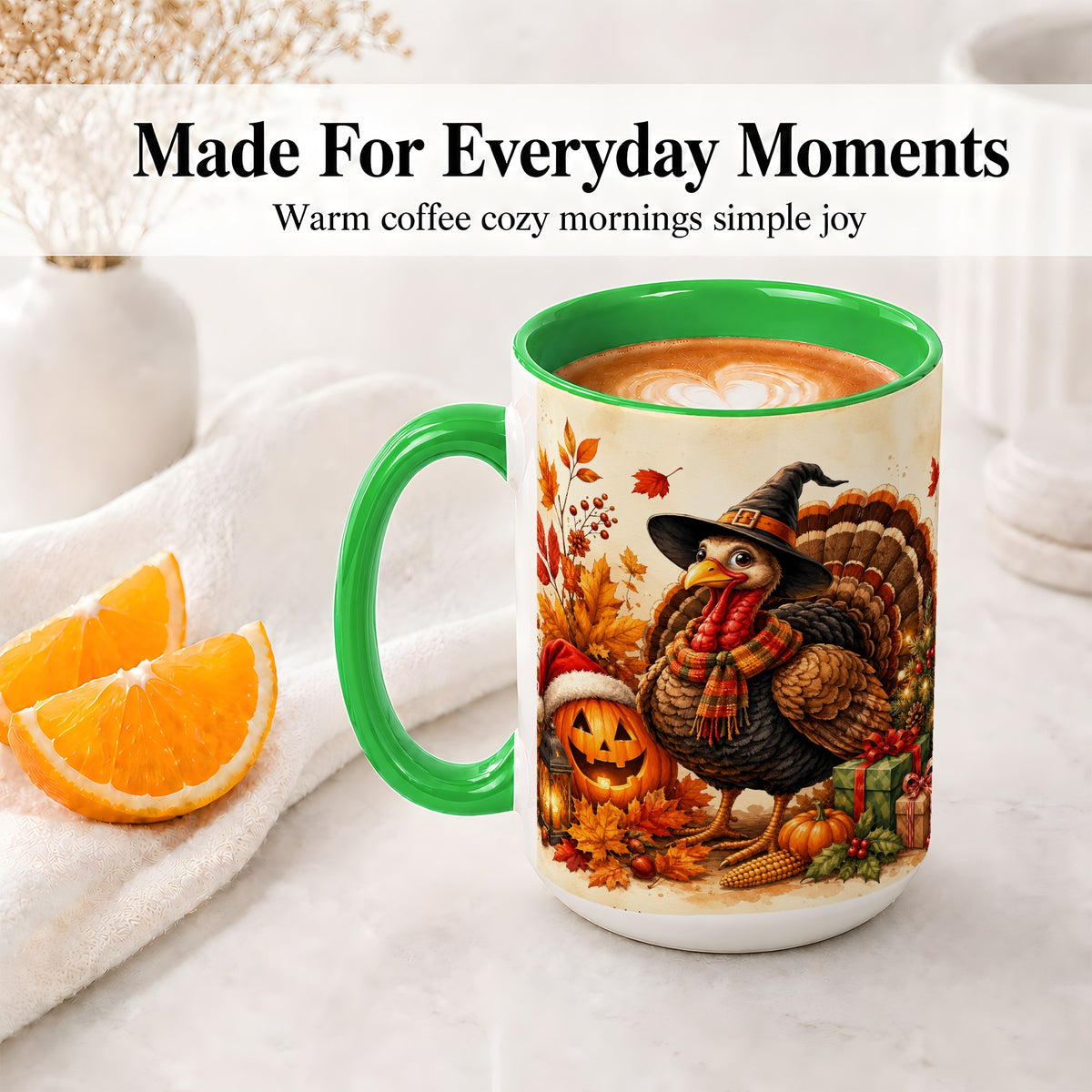 #pl[15oz|Green] Holiday Turkey Accent Mug, Ceramic Mug with Witch Hat Autumn Art