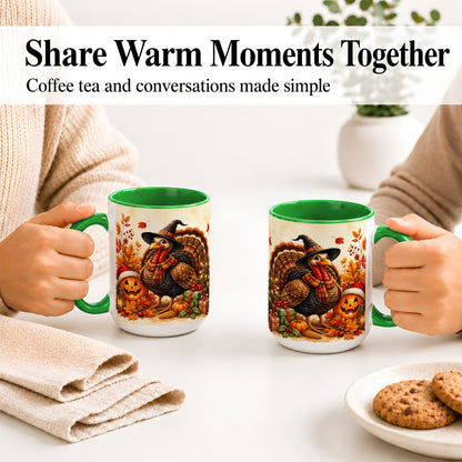 #pl[15oz|Green] Holiday Turkey Accent Mug, Ceramic Mug with Witch Hat Autumn Art