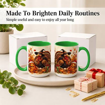 #pl[15oz|Green] Holiday Turkey Accent Mug, Ceramic Mug with Witch Hat Autumn Art